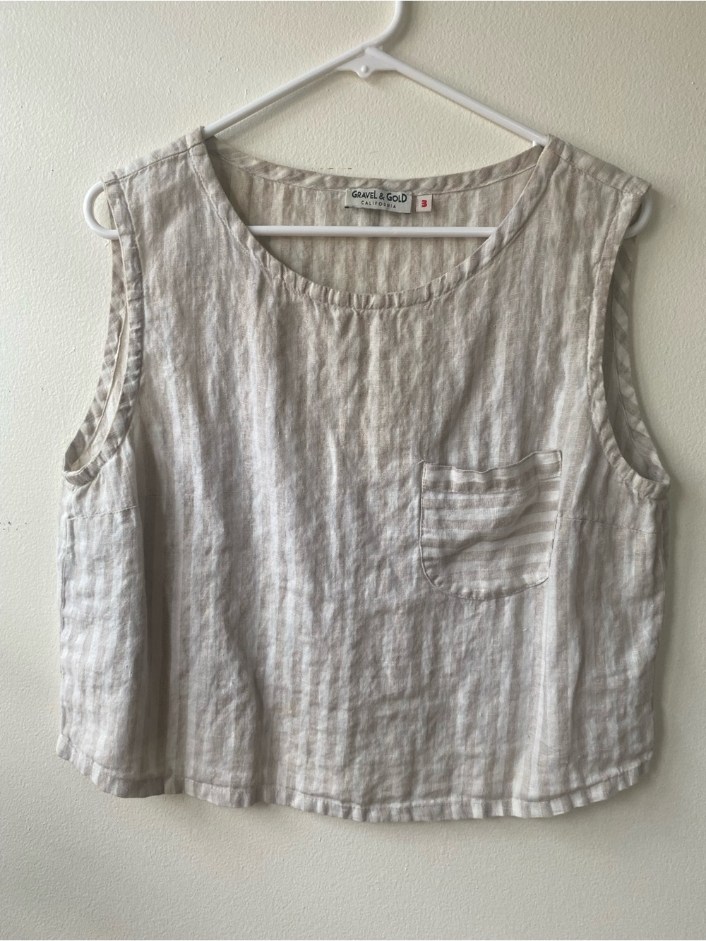 Gravel & Gold Linen Sleeveless Pocket Top - Cream Stripe